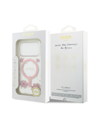 Funda GUESS iPhone 17 Pro MagSafe con Flores Rosas y Detalles Dorados