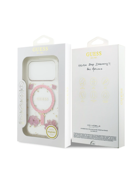 Funda GUESS iPhone 17 Pro MagSafe con Flores Rosas y Detalles Dorados
