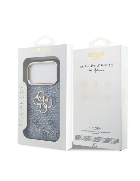 Funda GUESS para iPhone 17 Pro/18 Pro efecto piel y logotipo 4G (Azul)