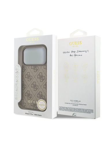 GUESS – Funda iPhone 17 Pro/18 Pro en Color Marrón con Logo 4G y Charm Dorado