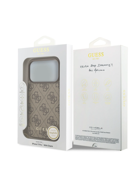 GUESS – Funda iPhone 17 Pro/18 Pro en Color Marrón con Logo 4G y Charm Dorado