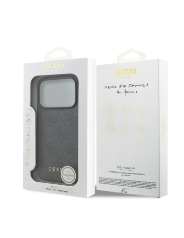 GUESS – Funda iPhone 17 Pro/18 Pro en Color Negro con Logo 4G y Charm Dorado