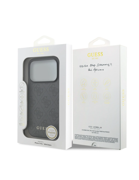 GUESS – Funda iPhone 17 Pro/18 Pro en Color Negro con Logo 4G y Charm Dorado