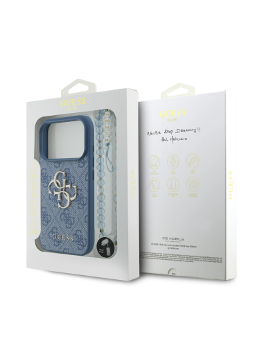 Funda GUESS para iPhone 17 Pro/18 Pro con correa de perlas, efecto piel y logotipo 4G (Azul)