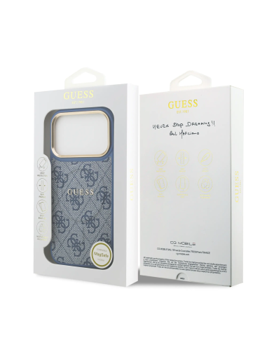 GUESS – Funda iPhone 17 Pro/18 Pro en Polipiel Azul con MagSafe y Logo Clásico