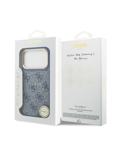 GUESS – Funda iPhone 17 Pro/18 Pro en Polipiel Azul con MagSafe y Logo Clásico