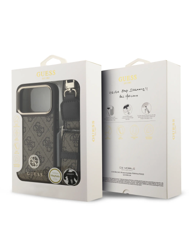 GUESS – Funda iPhone 17 Pro/18 Pro en Polipiel Marrón con Logo de Strass y Correa Ancha