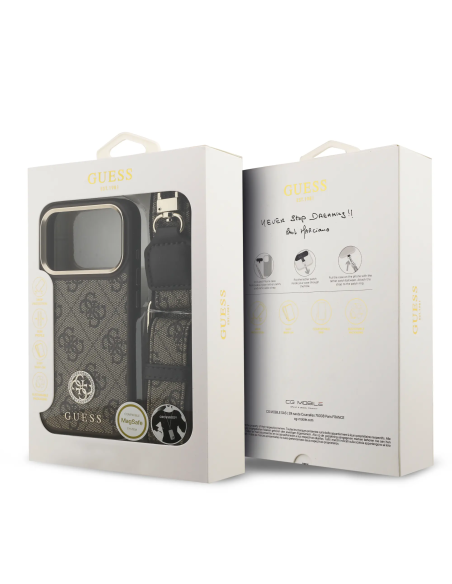 GUESS – Funda iPhone 17 Pro/18 Pro en Polipiel Marrón con Logo de Strass y Correa Ancha