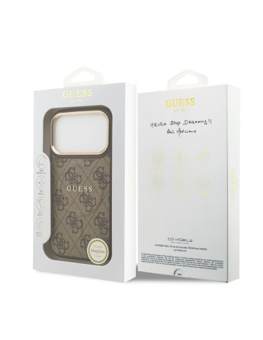 GUESS – Funda iPhone 17 Pro/18 Pro en Polipiel Marrón con MagSafe y Logo Clásico