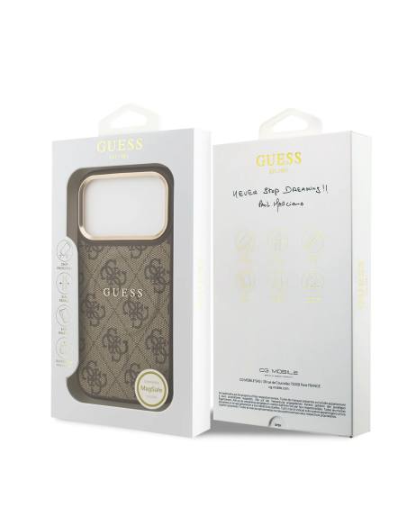 GUESS – Funda iPhone 17 Pro/18 Pro en Polipiel Marrón con MagSafe y Logo Clásico