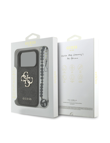 GUESS Case for iPhone 17 Pro with Pearl Strap, PU Finish and 4G Logo (Black)