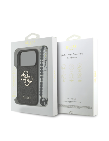 GUESS Case for iPhone 17 Pro with Pearl Strap, PU Finish and 4G Logo (Black)