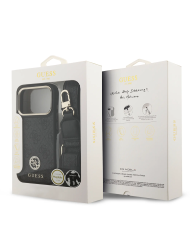 GUESS – Funda iPhone 17 Pro/18 Pro en Polipiel Negra con Logo de Strass y Correa Ancha