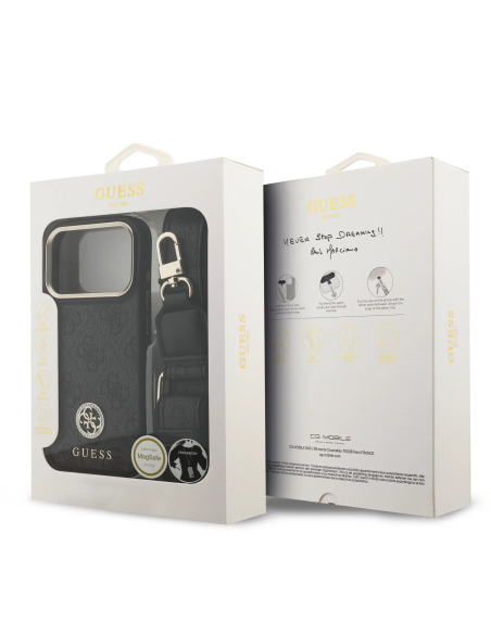 GUESS – Funda iPhone 17 Pro/18 Pro en Polipiel Negra con Logo de Strass y Correa Ancha