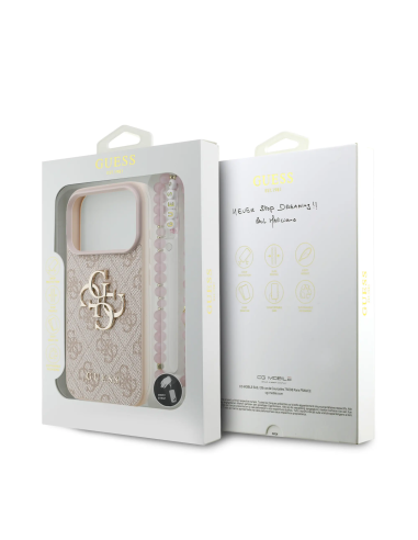 Funda GUESS para iPhone 17 Pro con correa de perlas, efecto piel y logotipo 4G (Rosa)