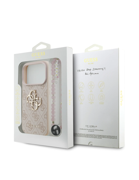 Funda GUESS para iPhone 17 Pro con correa de perlas, efecto piel y logotipo 4G (Rosa)