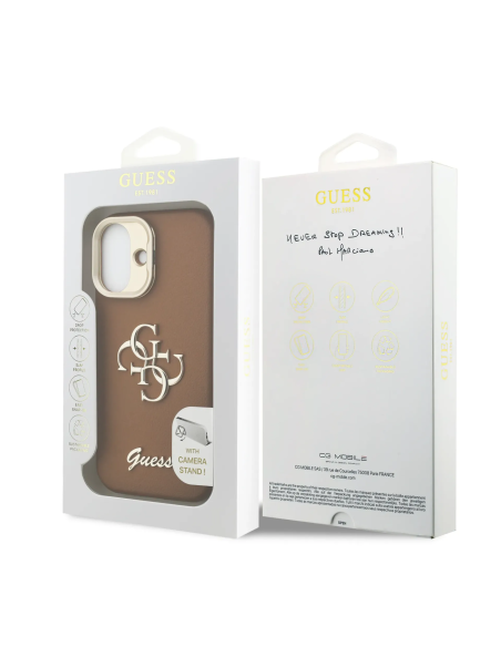 GUESS Case for iPhone 17 with Grainy Leather Effect, 4G Logo and Camera Stand (Camel)