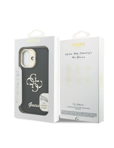 GUESS Case for iPhone 17 with Grainy Leather Effect, 4G Logo and Camera Stand (Black)