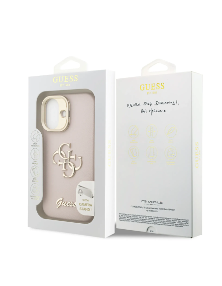 GUESS Case for iPhone 17 with Grainy Leather Effect, 4G Logo and Camera Stand (Pink)