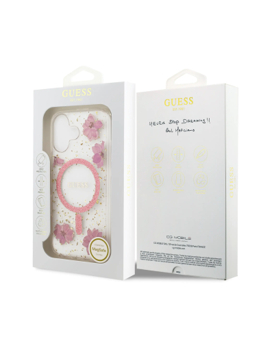 Funda GUESS iPhone 17 MagSafe con Flores Rosas y Detalles Dorados