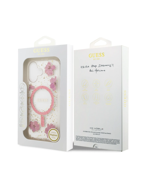 Funda GUESS iPhone 17 MagSafe con Flores Rosas y Detalles Dorados