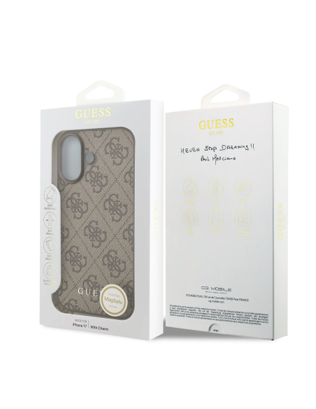 Funda GUESS iPhone 17 Marrón con Logo 4G y Charm Dorado