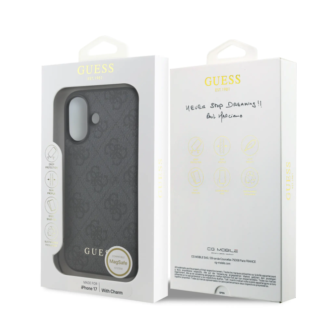 Funda GUESS iPhone 17 Negra con Logo 4G y Charm Dorado