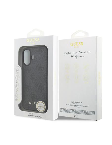 GUESS – Funda iPhone 17 en Color Negro con Logo 4G y Charm Dorado
