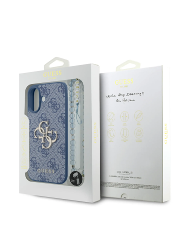 Funda Guess iPhone 17 de Polipiel Azul con Logo 4G Clásico y Correa de Perlas