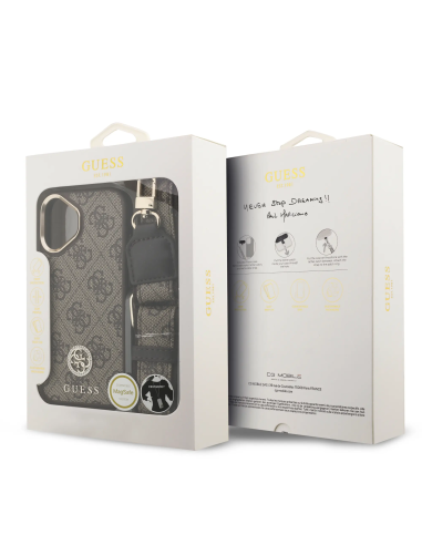 GUESS – Funda iPhone 17 en Polipiel Marrón con Logo de Strass y Correa Ancha