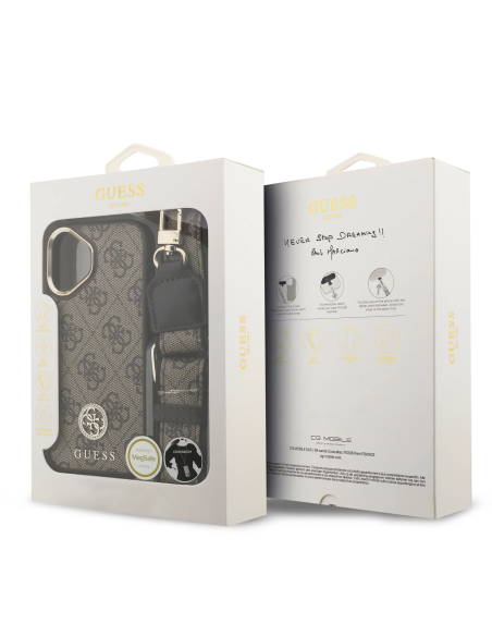 Funda GUESS iPhone 17 de Polipiel Marrón con Logo Strass y Correa Ancha