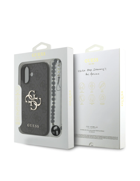 Funda GUESS para iPhone 17 con correa de perlas, efecto piel y logotipo 4G (Negro)