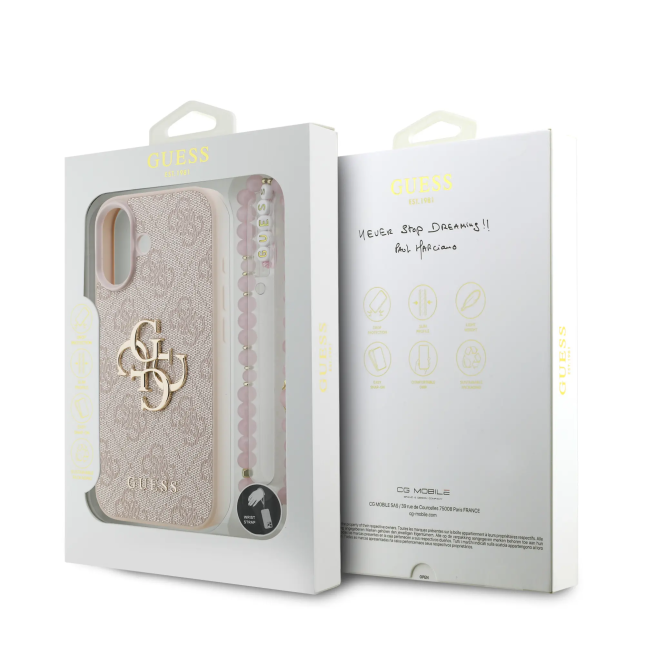 GUESS Case for iPhone 17 with Pearl Strap, PU Finish and 4G Logo (Pink)
