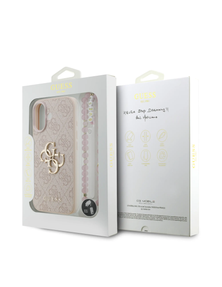 GUESS Case for iPhone 17 with Pearl Strap, PU Finish and 4G Logo (Pink)