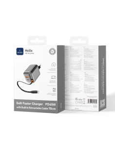 Cargador rápido PD GaN de 45 W con USB-A, USB-C y cable retráctil USB-C de 70 cm Helix