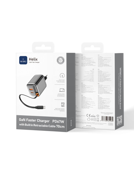 Cargador rápido PD GaN de 67 W con USB-A, USB-C y cable retráctil USB-C de 70 cm Helix