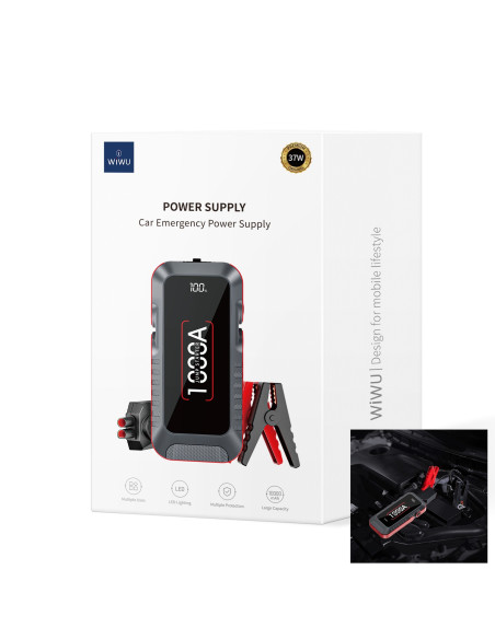 Arrancador de batería de coche 10000mAh y 37W, Gris