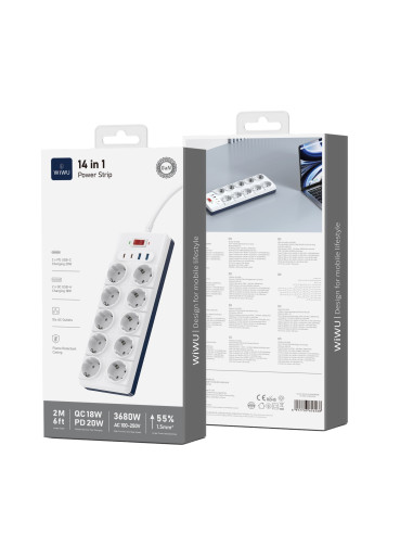 14-in-1 GaN Power Strip – 20W with 2 USB-C Ports, 2 USB-A Ports and 10 AC Outlets, European Plug, 2M Cable
