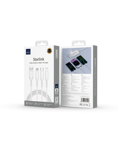 Starlink Cable 3 En 1(A-C+L+M) de 3,1A y 1,2 Metro, Blanco