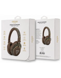 GUESS – Cascos Bluetooth Premium con ENC de Polipiel Marron y Logo Clásico