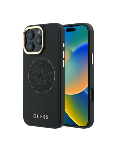 GUESS MagSafe Case for iPhone 16 Pro Max, faux leather with gold perforated logo (Black)