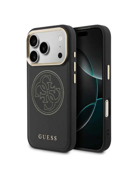 Funda GUESS para iPhone 17 Pro/18 Pro con MagSafe, efecto piel y logotipo dorado perforado (Negro)