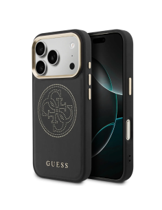 Funda GUESS para iPhone 17 Pro Max con MagSafe, efecto piel y logotipo dorado perforado (Negro)