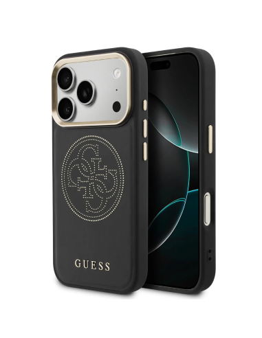 Funda GUESS para iPhone 17 Pro Max/18 Pro Max con MagSafe, efecto piel y logotipo dorado perforado (Negro)