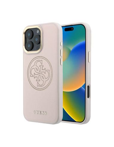 Funda GUESS para iPhone 16 Pro Max con MagSafe, efecto piel y logotipo dorado perforado (Rosa)