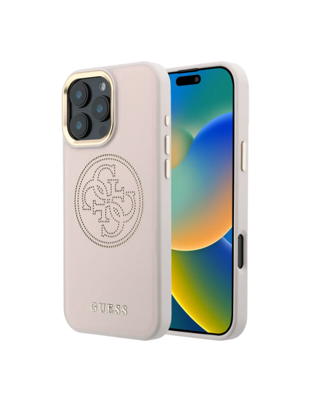 GUESS MagSafe Case for iPhone 16 Pro Max, faux leather with gold perforated logo (Pink)