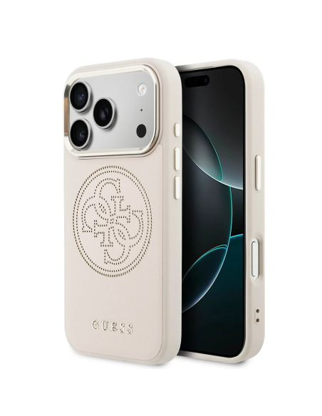 Funda GUESS para iPhone 17 Pro Max con MagSafe, efecto piel y logotipo dorado perforado (Rosa)