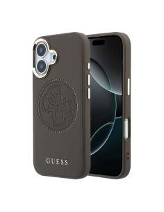 GUESS MagSafe Case for iPhone 17, faux leather with gold perforated logo (Brown)