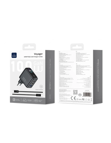 Cargador USB-A + 2 USB-C de 100 W con pantalla digital y cable USB-C a USB-C Voyager (Gris espacial)