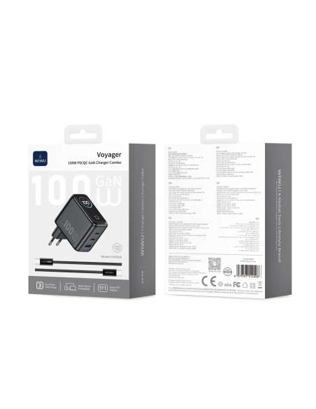 Cargador USB-A + 2 USB-C de 100 W con pantalla digital y cable USB-C a USB-C Voyager (Gris espacial)